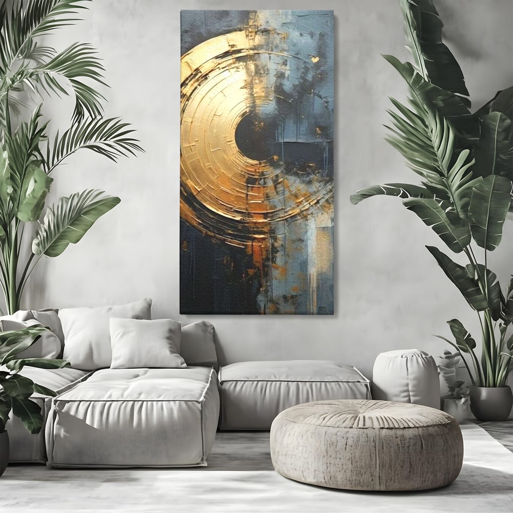 Tablou canvas cu tablou abstract cu cerc auriu, fara rama, pe sasiu de lemn, pe perete intr-un living